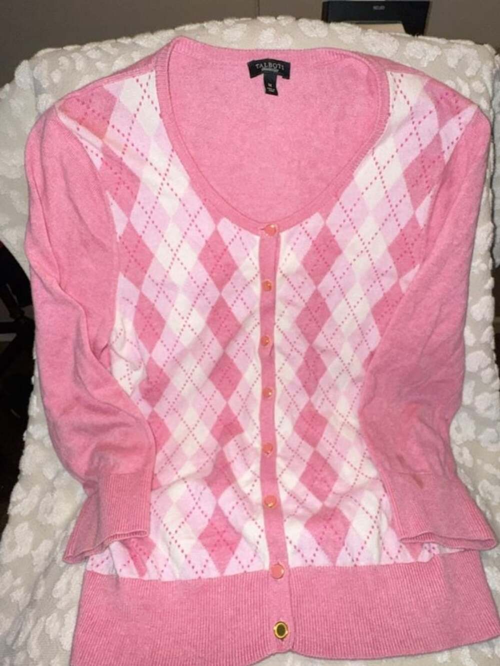 Talbots Pink Argyle Cardigan Sweater Women's Size M